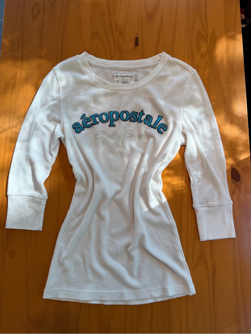 Vintage Aeropostale White Ribbed Long Sleeve Top with Teal Logo